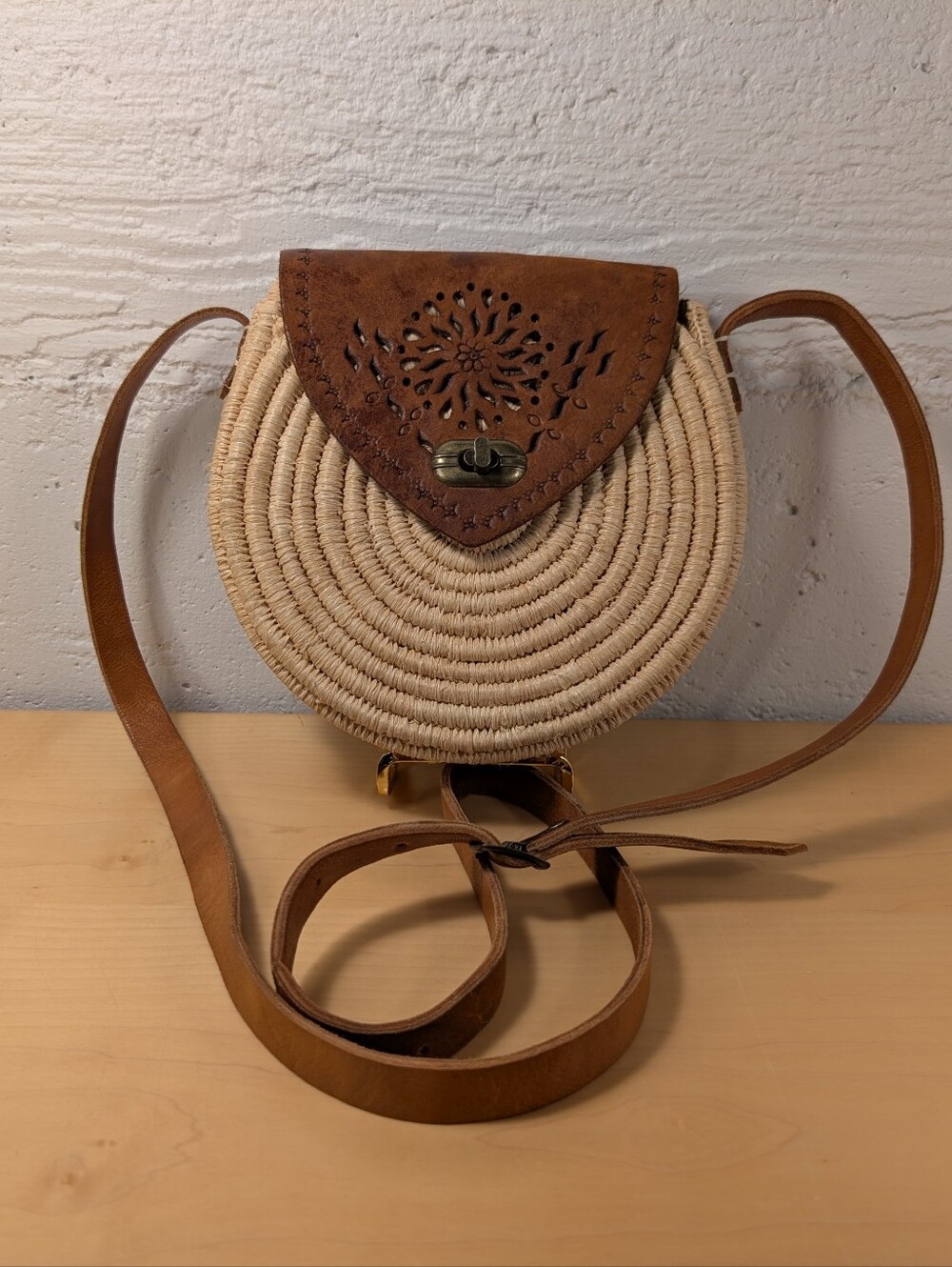 Woven Round Crossbody Bag with Brown Leather Flap